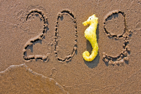 New year and Christmas on the beach. Texture 2019 on the sand background.の写真素材
