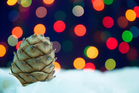 Christmas cone with snow and vivid abstract background. Bright spots of christmas lights. Bokeh. Soft focus. Front view.の写真素材