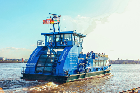 river public transport ferries and passenger river buses on routes on the Elbe River Hamburg Germany June 2010のeditorial素材