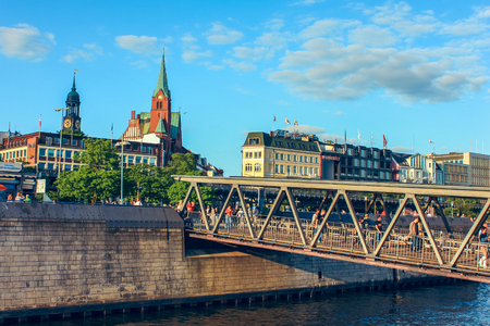 Bridges with metal structures on the embankment Landungsbrucken of Hamburg, Germany. June 2010のeditorial素材