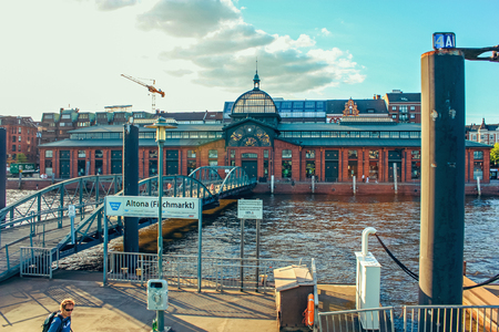 Altona Fishmarkt station of river transport on pontoons on river Elbe, Hamburg Germany. June 2010のeditorial素材