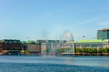 Alster Lake in Hamburg in the central historical district Roterbaum of Hamburg, Germany.June 2010. Alsterfontaneのeditorial素材