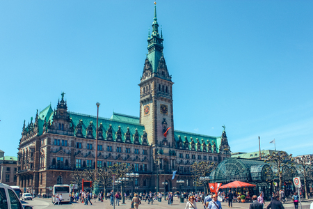Famous Hamburg town hall Rathaus with blue sky at market square near lake Alster Binnenalster in Altstadt quarter, Hamburg, Germany. June 2010のeditorial素材