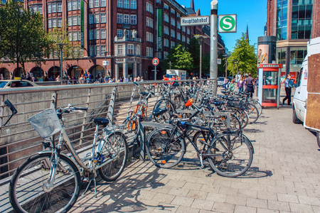 Bicycle parking near metro station Hauptbahnhop in Hamburg, Germany. June 2010のeditorial素材