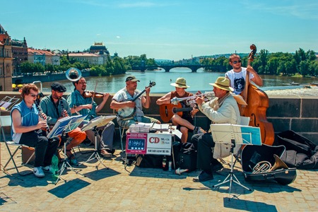 Music band plays on the Charles Bridge Karluv most and river Vltava in Prague, Czech Republic. June 2010のeditorial素材