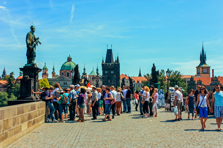Tourists on the Charles Bridge Karluv most and river Vltava in Prague, Czech Republic. June 2010のeditorial素材