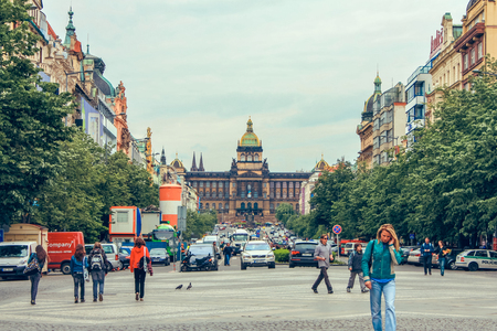 National Museum on Wenceslas Square Prague in the afternoon with people and transport, Czech Republic. June 2010のeditorial素材