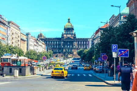 National Museum on Wenceslas Square Prague in the afternoon with people and transport, Czech Republic. June 2010のeditorial素材