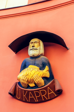 Decoration sculpture on th wall of the building in Prague, Czech Republic. June 2010のeditorial素材
