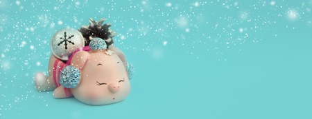 Nice pink pig New Year decoration background with snowflakes, frost pine cone and silver bell...
