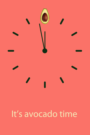 Half ripe green avocado with bone on the clock face with arrows as illustration time healthy lifestyle, emblem proper nutrition vegetarian diet bio brand quility restaurant. Copy space flatlayの写真素材