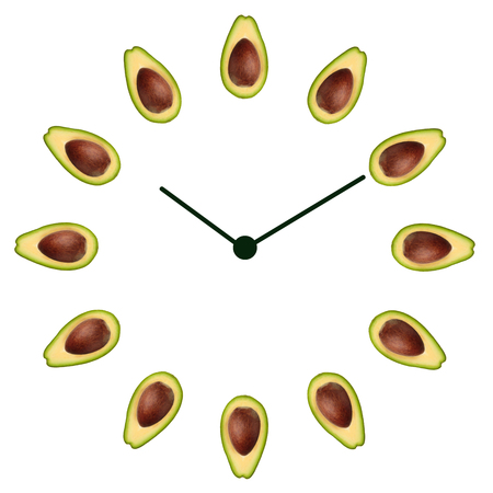 Half ripe green avocado with bone on the clock face with arrows as illustration time healthy lifestyle, emblem proper nutrition vegetarian diet bio brand quility restaurant. Copy space flatlayの写真素材