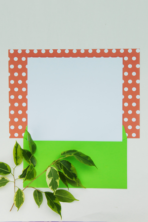 Beautiful background of coral and white paper polka dot with blank list, branch of ficus benjamin, green envelope with copy space for text. Top view, close up flat lay. Card concept.の写真素材