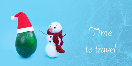 Fresh green avocado in a Santa Claus hat made of felt next to a white wool snowman. Creative Christmas card concept with copy space for text. Web banner. Water texture., template. Front viewの写真素材