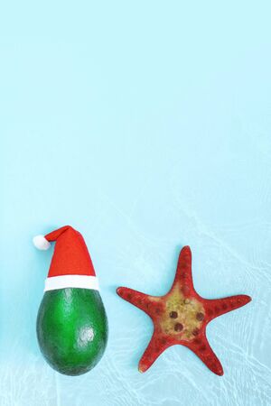 Fresh green avocado in a red hat next to a starfish and sweet candy cane on a bright blue background. Christmas concept, poster, tourist advertisements. Top view,, copy spaceの写真素材