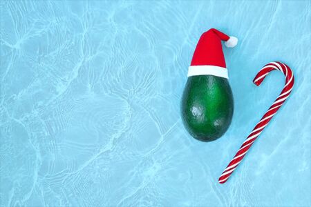 Green ripe raw avocado in santa claus hat with a christmas sugar cane striped in waves of blue water. The concept of holiday travel ads, healthy eating during the holidays. Flatlay, copy spaceの写真素材