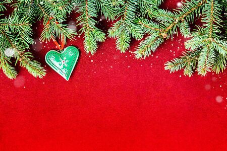Splendid natural background for Christmas and New year holidays with pine branches and velvet. Copy space for template. Flat lay, top view.の写真素材