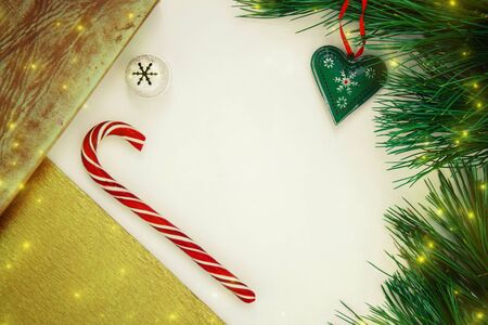 Christmas and New Year decorative background with decorations and sweets. Copy space for text,...