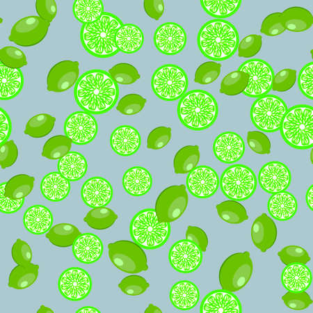 Seamless pattern with slices of lime and whole fruits on a gray background
