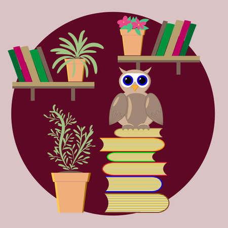 Illustration of an owl sitting on a stack of books against the background of a wall with bookshelves and flowersのイラスト素材