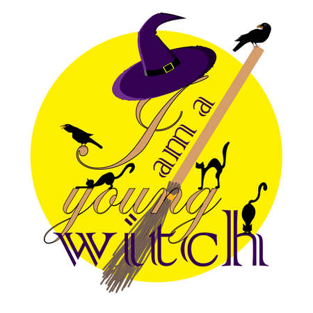 Vector illustration with witch hat, broom, black cats and crows on the background of the moonのイラスト素材