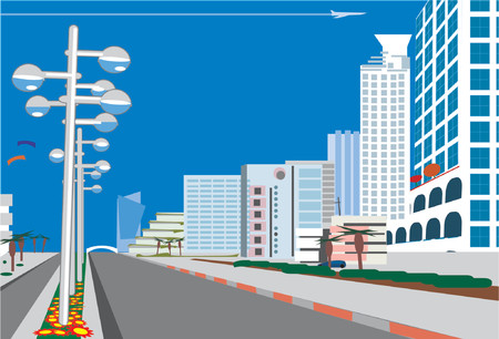     a road leads to a blue  city.  Vector illustration.のイラスト素材