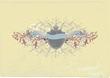 An heraldic shield or badge,  with script perfect for you to place your text . Grunge background  . Vector illustration.のイラスト素材