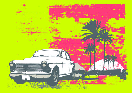 Vector illustration of vintage car on the beach with palms and sunsetのイラスト素材