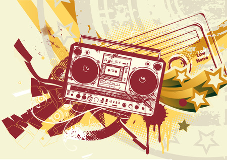 Vector illustration of Grunge styled urban background in graffiti style with cool Boom box. のイラスト素材