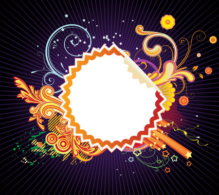 Vector illustration of funky styled design frame made of Peeling sticker, floral elements and starsのイラスト素材