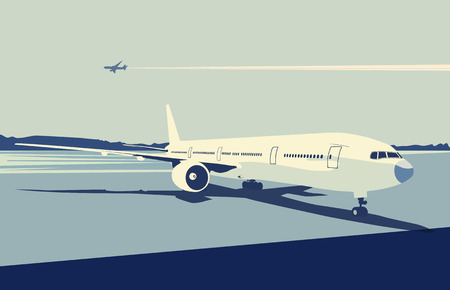 Vector illustration of a detailed airplane on the urban airport scene.  Retro style.のイラスト素材