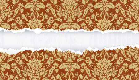 Vector illustration of Ornate floral Decorative wallpaper background with ripped paper and grunge elements.のイラスト素材