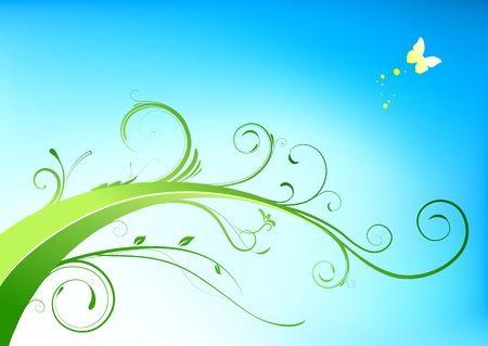 illustration of floral lines background with Design elements - green flourish and yellow butterfly on white backgroundの写真素材