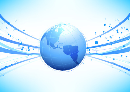 Vector illustration of blue abstract lines background - composition of curved lines and globeのイラスト素材
