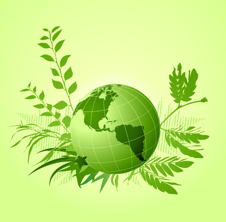 Vector  illustration of green floral ecological  Background with Earth planet, leaves and plantsのイラスト素材