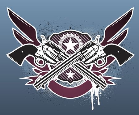 illustration of Two cowboy revolver guns with a sheriff star and shield on the grunge Background のイラスト素材
