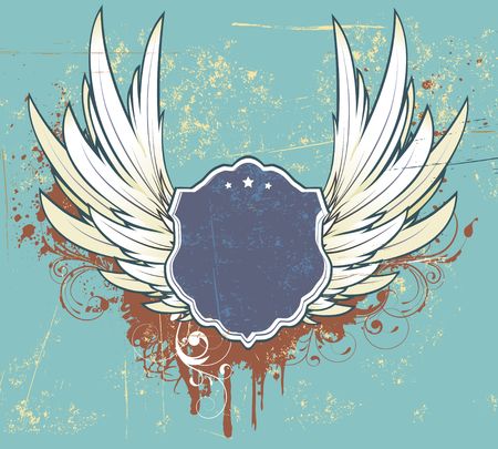 illustration of grunge frame or badge  with two wings and floral elementsのイラスト素材