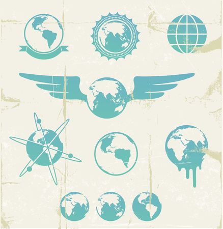 illustration set of cool retro emblems with grunge Earth Map Globe のイラスト素材