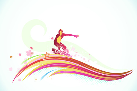 Vector illustration of summer background with a surfer riding a huge abstract waveのイラスト素材