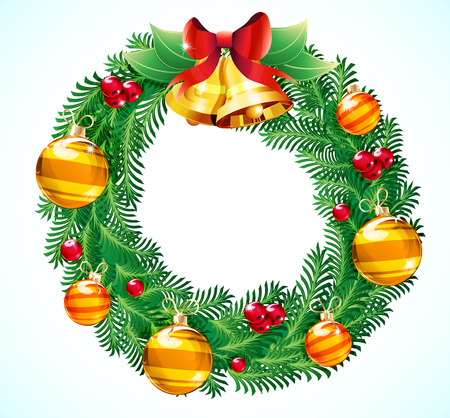Vector illustration of green wreath with red berries, Christmas decoration and two bellsのイラスト素材