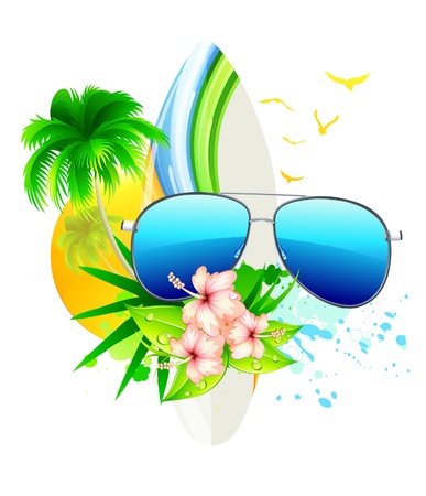 Vector illustration of funky summer  background with palm trees, hibiscus flowers, surfboard and funky sunglassesのイラスト素材