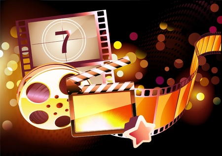 Illustration of orange abstract cinema background with clapperboard and a film reelのイラスト素材