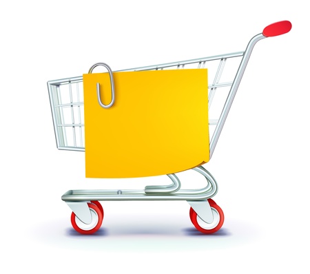 illustration set of shopping concept with shopping cart and yellow paper note listのイラスト素材
