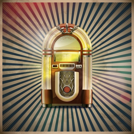 Vector illustration of style detailed classic juke box on retro grunge backgroundのイラスト素材