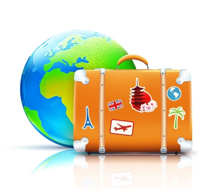 Vector illustration of global travel concept with funky retro suitcase and cool glossy globeのイラスト素材