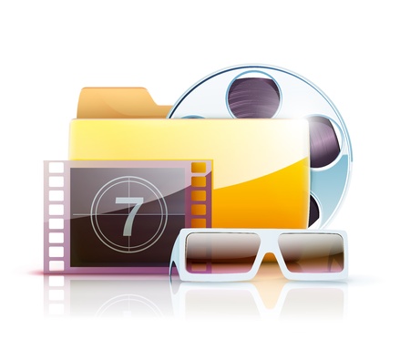 Vector illustration of yellow interface computer digital video folder icon with large simple film reel and 3d glassesのイラスト素材