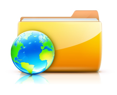 Vector illustration of global sharing concept icon yellow folder and glossy globe のイラスト素材