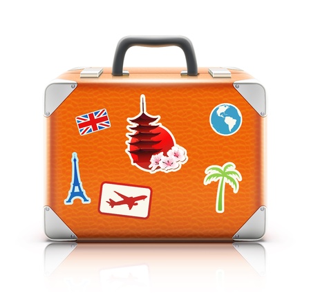 Vector illustration of vintage suitcase with funky stickers isolated on white backgroundのイラスト素材