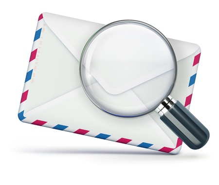 Vector illustration of searching concept with blank airmail envelope and magnifying glass over itのイラスト素材