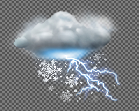 Vector illustration of cool single weather icon with cloud, snow and lightning on transparent backgroundのイラスト素材